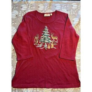 Quacker Factory Small Maroon Shirt Embroidered Animals and Pine Tree Long Sleeve